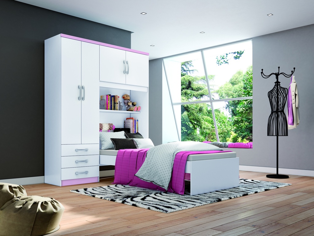 LIT 1 PLACE AVEC ARMOIRE 4P BLANC ROSE
