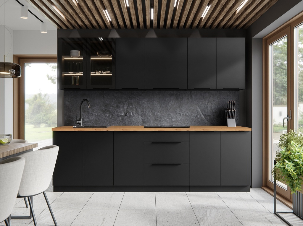CUISINE SIENA 260CM  NOIR AVEC PLAN EN MARBRE 