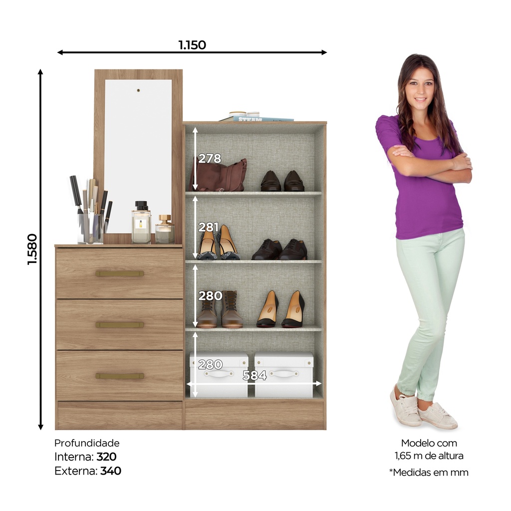 ARMOIRE COMMODE 2P/3T/ BOIS/MIROIR  1150X1580X340