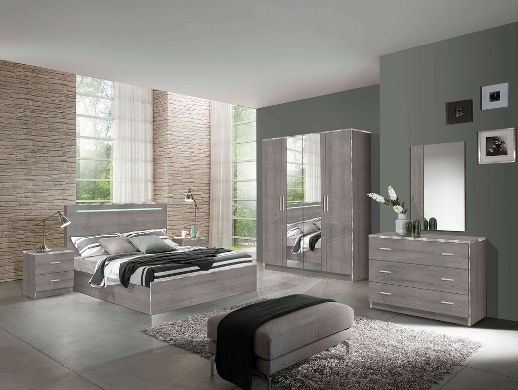 CHAMBRE A COUCHER NIVES 160*200 CHENE GRIS LAQUE 
