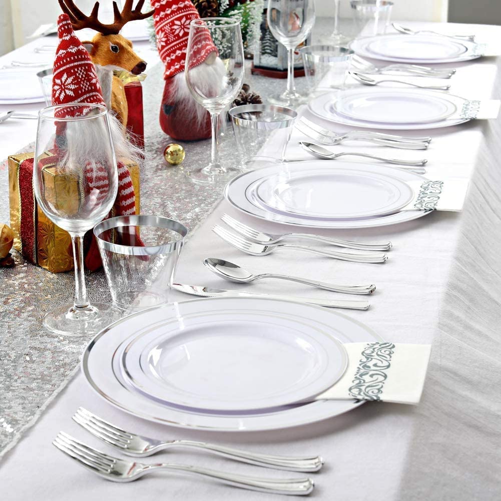VAISSELLE LAVABLE ARGENTEE AVEC SERVIETTES 175PCES 