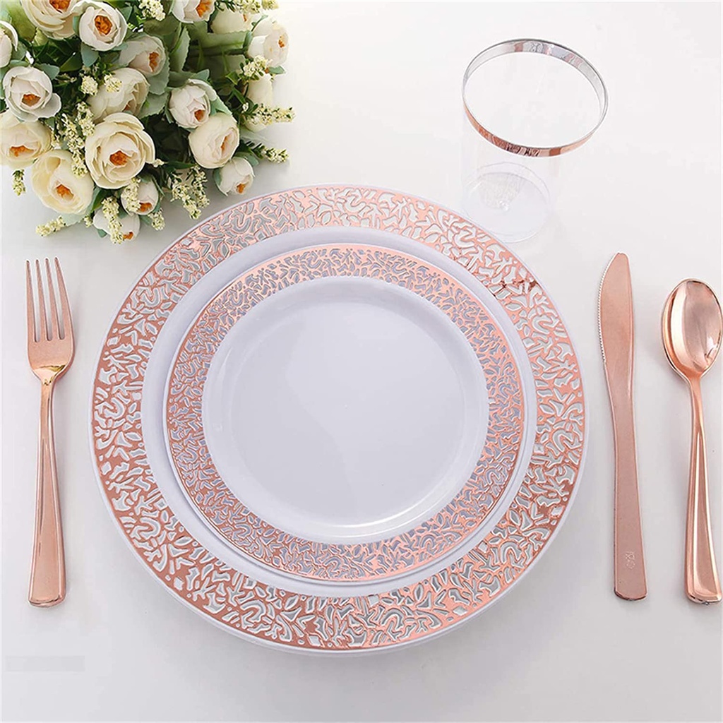 VAISSELLE LAVABLE ROSE GOLD AVEC SERVIETTES 175PCES