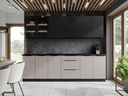 Cuisine SIENA 260 cm, coloris beige et noir, avec plan de travail effet marbre.